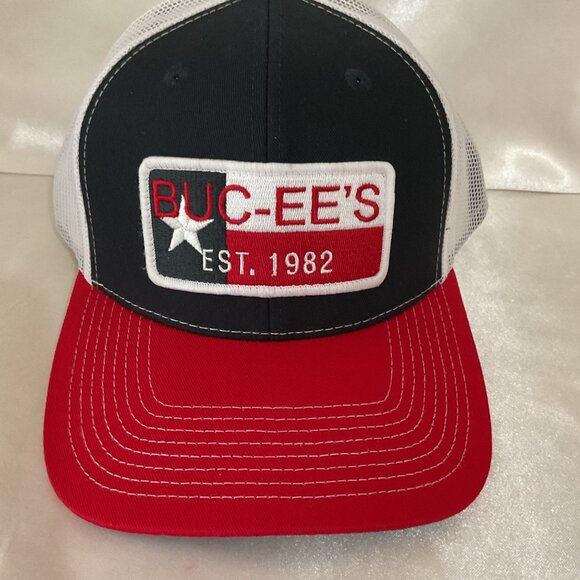 Buc-Ees Trucker Hat With Texas Flag Patch Adjustable Snapback Red/Black/White - Picture 1 of 6